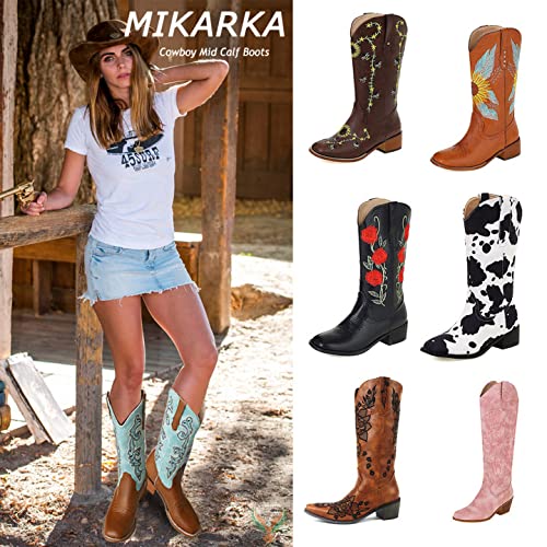 Mikarka XBZ1275-GREY-39 Women'S Square Toe Embroidered Mid-Calf Western Cowboy Cowgirl Boots thumb #1