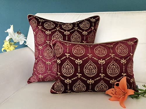 Image of TARA- Sparkling Homes 12 x 18 Inches Embroidered Velvet Cushion Covers, 'Padmini' from 'The Royal Collection', Set of 1 (Wine Red, 12 x 18 Inches)
