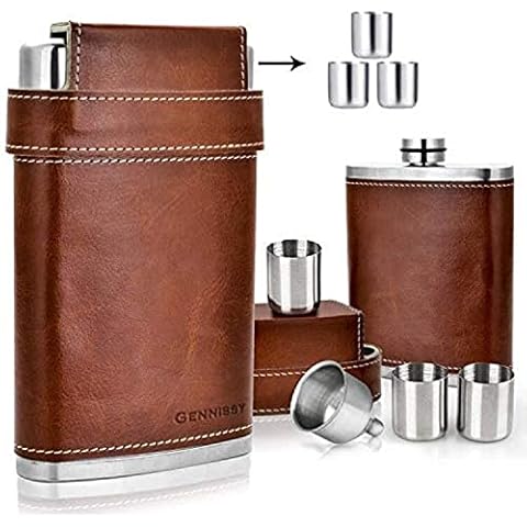 GENNISSY 304 18/8 Stainless Steel 8oz Flask - Brown Leather with 3 Cups and Funnel 100% Leak Proof Cover