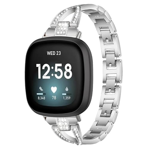Watch Band xDfind X-Shaped Single Row Diamond Metal Watch Band for fitbit Versa 4/3 / Sense 2 / Sense (Silver)