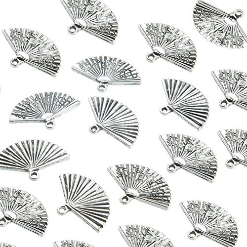 AKOAK 25 Pack Vintage Antique Silver Tone Fan Shaped Charm Pendants for Jewelry Making DIY Charm Crafts
