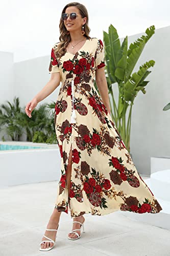 Image of VintageClothing Women's Floral Maxi Dresses Boho Button Up Split Summer Casual Long Dress Beach Party Dress