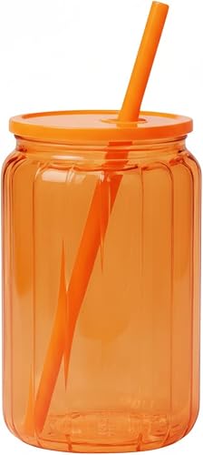 Retro Colored Drinking Glass Can Rippled with Plastic Straw 470ml (Orange)