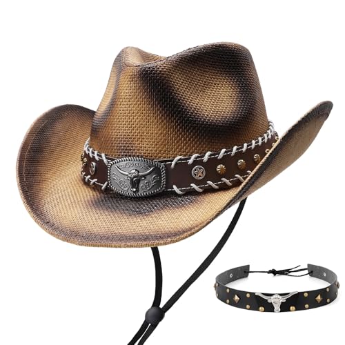 SANSTHS Cowboy Cowgirl Hats for Men Women 2 Pack Hatbands Straw Hat Wide Brim Breathable Western Hats for Lover