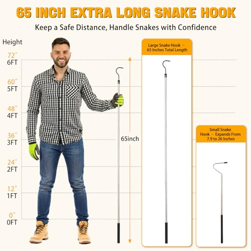 Image of 2pcs Snake Hook Set, Heavy Duty Snake Catcher Stainless Steel Snake Handling Tool for Moving Ball Rattlesnakes Python Copperhead with Long Handle (65inch&26inch)