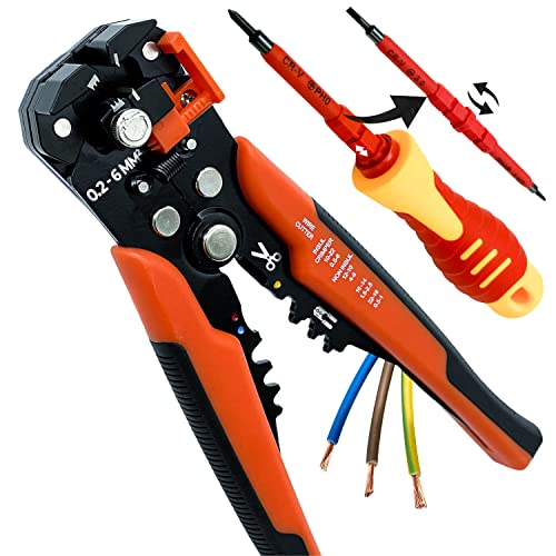 Pince a Denuder Automatique MULTIFONCTION + Tournevis Reversible 2 en 1 / Denudeur cable electrique 0,2 à 6mm² / outils electricien coupe denude et serti les câbles/outil electricien Premium