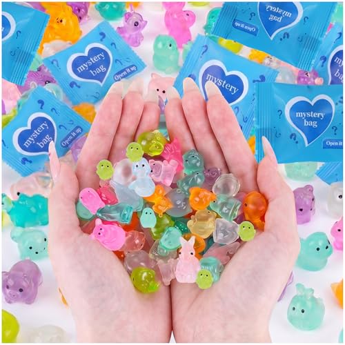 Lufstd 70 Pcs Mini Resin Animals Blind Bags Glow in The Dark Tiny Animal Figures Mystery Bulk Assortment for Fairy Garden Aquarium Potted Decor Premium Hand-Polished Resin
