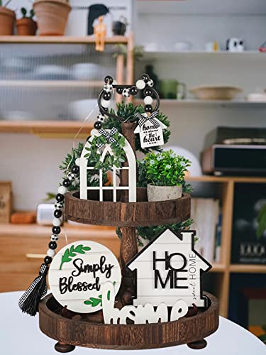 9 Pieces Farmhouse Tiered Tray Decor Set, Simply Blessed Home Wooden Sign with Mini Artificial Plant for Kitchen Decor, Rustic Table Ornaments - Image 3