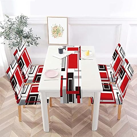 MCALK Abstract Red Chair Covers Set of 4 and Table Runner,Stretch Red Chair Slipcovers for Kitchen,Washable Removable Chair Protector Modern Chair Covers for Dining Room Cover