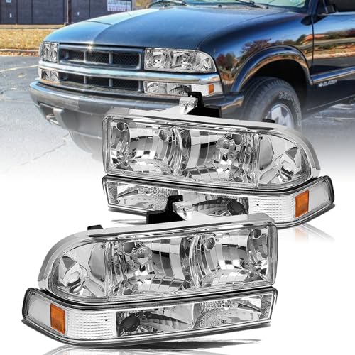 Aosky Headlight Assembly Fit for 1998-2005 Chevy Blazer / 1998-2004 Chevy S10 Pickup with bumper lights 4pcs, Chrome Housing with Amber Reflector