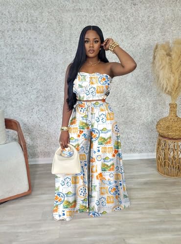 Image of Two Piece Sets for Women Summer Outfits Crop Tops and Wide Leg Pants Sets Sexy Jumpsuits Vacation Outfits with Pockets