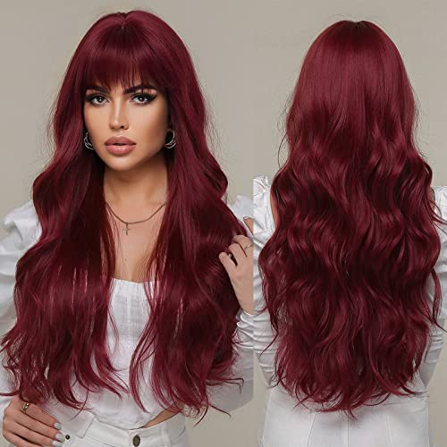 iShine Burgundy Red Wigs for Women Long Wavy Wine Red Wigs with Fringe Synthetic Wig Heat Resistant Natural Hair for Daily Party Cosplay Use Gift 26 Inch