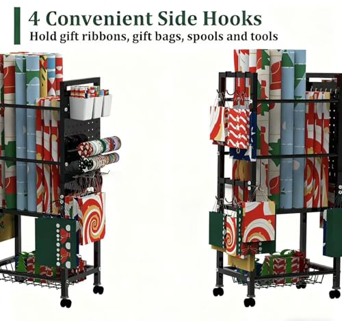 Topbooc Rolling Wrapping Paper Organizer Cart with Pegboard & Storage Baskets, Gift Wrap Station with Hooks, Holders, Wheels & Containers for Ribbons, Bags, Craft Supplies Gift Wrapping Station by Topbooc - Image 2