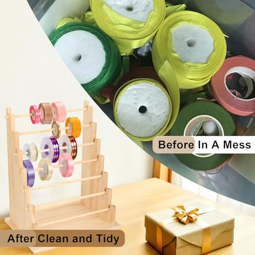Image of Wooden Ribbon Organizer Rack,Large Capacity Ribbon Holder, Ribbon Spool Holder Stand, Washi Tape Storage Organizer, Wooden Sewing Organizer Display Shelf for Craft Room,Cake Shop,Flower Store (7 Tier)