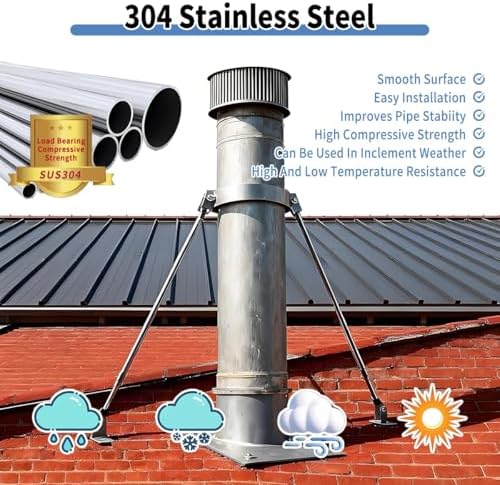 10" 9" 8" 7" 6" 5" 4" Roof Chimney Pipe Brace Holder - Weatherproof Stainless Steel Stove Pipe Support Bracket with Screws for Stability Against Wind & Snow, Hoop Dia 7 1/16" (180mm)