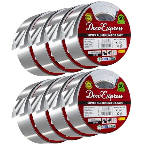DECO EXPRESS Aluminium Foil Tape Adhesive Insulating Sealer 4.5cm x 10m/25m/50m Heat Resistant Waterproof Insulation Tape (50 M, 8 Pcs)