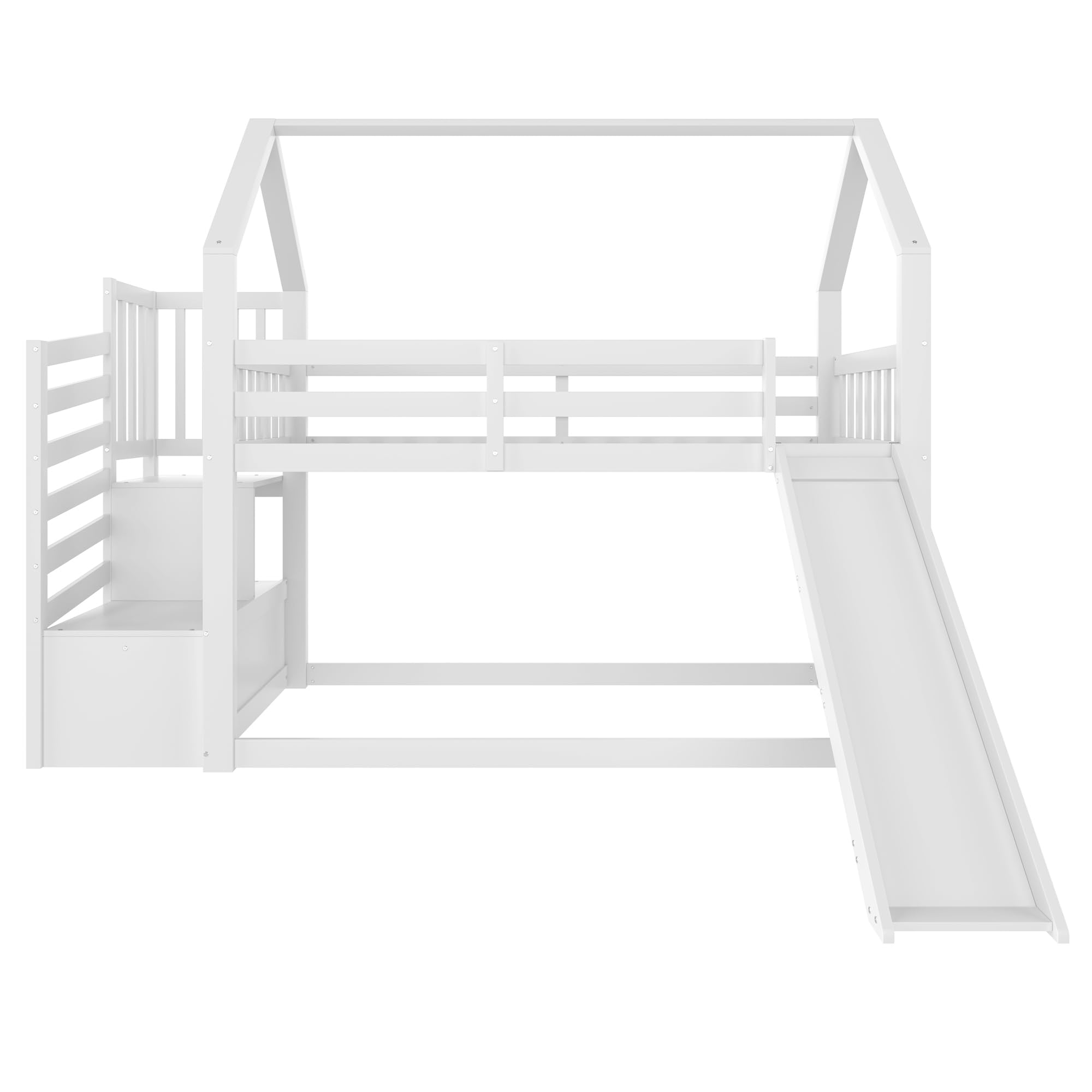 Kinderbett Etagenbett 90x200cm, Hausbett Hochbett mit Treppe und Rutsche, Multifunktionsbett Holzbett Baumhausbett Spielbett Stockbett Bettgestell mit Rausfallschutz & Lattenrost, Ohne Matratze, Weiß