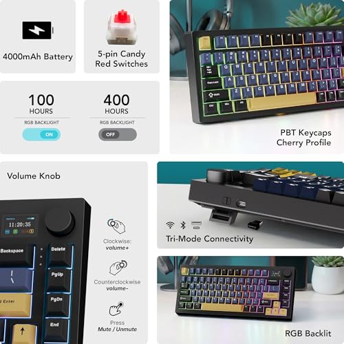 Image of TECWARE Spectre 75 Mechanical Gaming Keyboard | Customizable LCD Screen Display & Knob | Tri-Mode Wireless Bluetooth 2.4GHz | Gasket Mount Hot Swappable | Ocean Gold Red Linear Switches