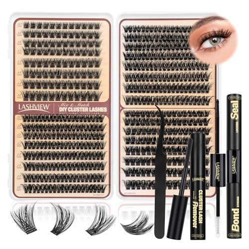 LASHVIEW Cluster Lashes Kit Lash Clusters with Glue and Remover and Lash Tweezer Volume Clusters Lashes Book Kit D Curl Eyelash Extensions for DIY at Home 10-16mm (56D+60D+80D+100D)