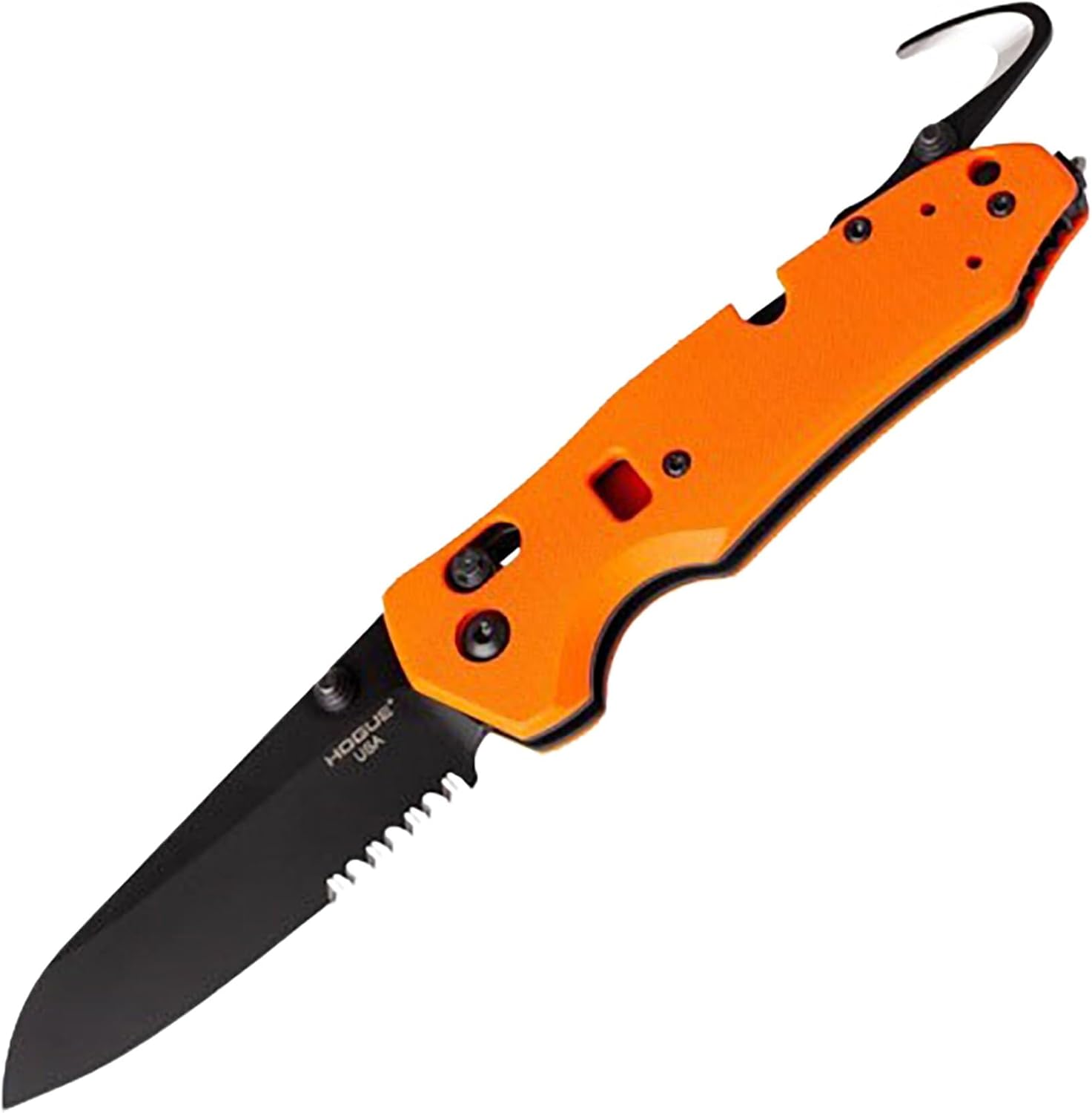 Hogue Trauma First Response Tool 3.4” Bohler N680 Sheepsfoot Blade (Partially Serrated) Black Cerakote Finish, Peel-Ply Textured G10 Frame ABLE Lock Manual Knife, Orange - 34774