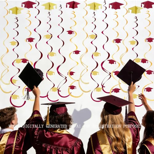 Image of 24Pcs Maroon Gold Graduation Grad Cap Hanging Felt Swirl Streamer Spiral Ceiling Garland for Congrats Grad Class of 2026 We are So Proud of You You Did It I'm Done Themed Party Decorations Supplies