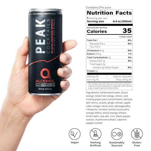 Image of Peak Cocktails Non Alcoholic Drinks, Adaptogen, Blood Orange Spritz 24 Pack | Calming, ashwagandha, tart cherry, L-theanine nootropic blend; recovery, sleep & mood, non-alcoholic, zero proof