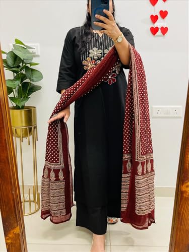 Image of BHARVITA Women's Cotton Embroidered Anarkali Kurta and Palazzo with Dupatta Set | A-line fit