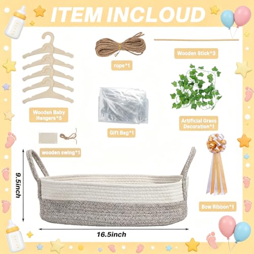 Image of Large Baby Shower Basket Empty Baby Shower Crate Closet Woven Baskets | 16.5 inch x 9.5 inch Woven Baskets with Clothes Hangers and Gift Bag New Born Empty Storage for Welcome Gift Pregnancy New Parent
