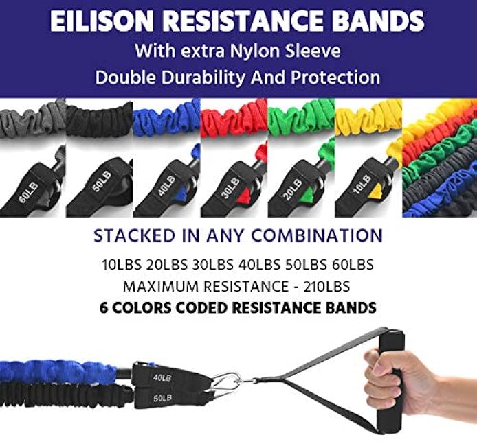 EILISON Resistance Band Kit with Heavy Duty Protective Sleeves for Safe Workout and Soft Anti-Slip Foam Handle, Door Anchor, Ankle Strap for Men and Women Stackable
