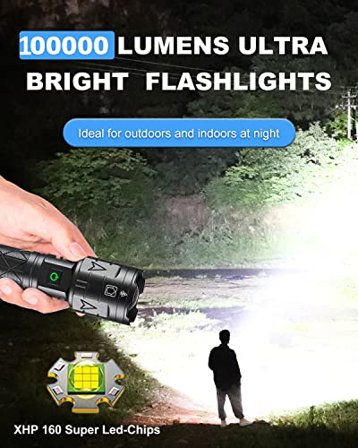 Rechargeable Flashlights High Lumens, Super Bright Flashlight 100000 Lumens, Powerful Tactical Flashlights, 5 Modes, Zoomable, Ipx5 Waterproof, Handheld Xhp160 Led Flashlight For Emergency Camping #TOP1