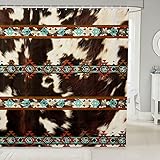 Erosebridal Cowhide Shower Curtain Western Bath Curtain,Brown Cow Print Shower Curtain Set Exotic Diamond Aztec Tribe Farm Animals Bull Cattle Skin Bathroom Decor Cowboys Gifts for Women 72' Wx78 L