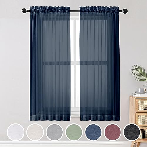 Image of OWENIE Blue Sheer Curtains, Sheer Curtains 63 inch Length 2 Panels Set, Rod Pocket Voile Fimly Sheer Drapes for Living Room /Bedroom, 2pcs, Each 42 inch W x 63 inch L, Navy Blue