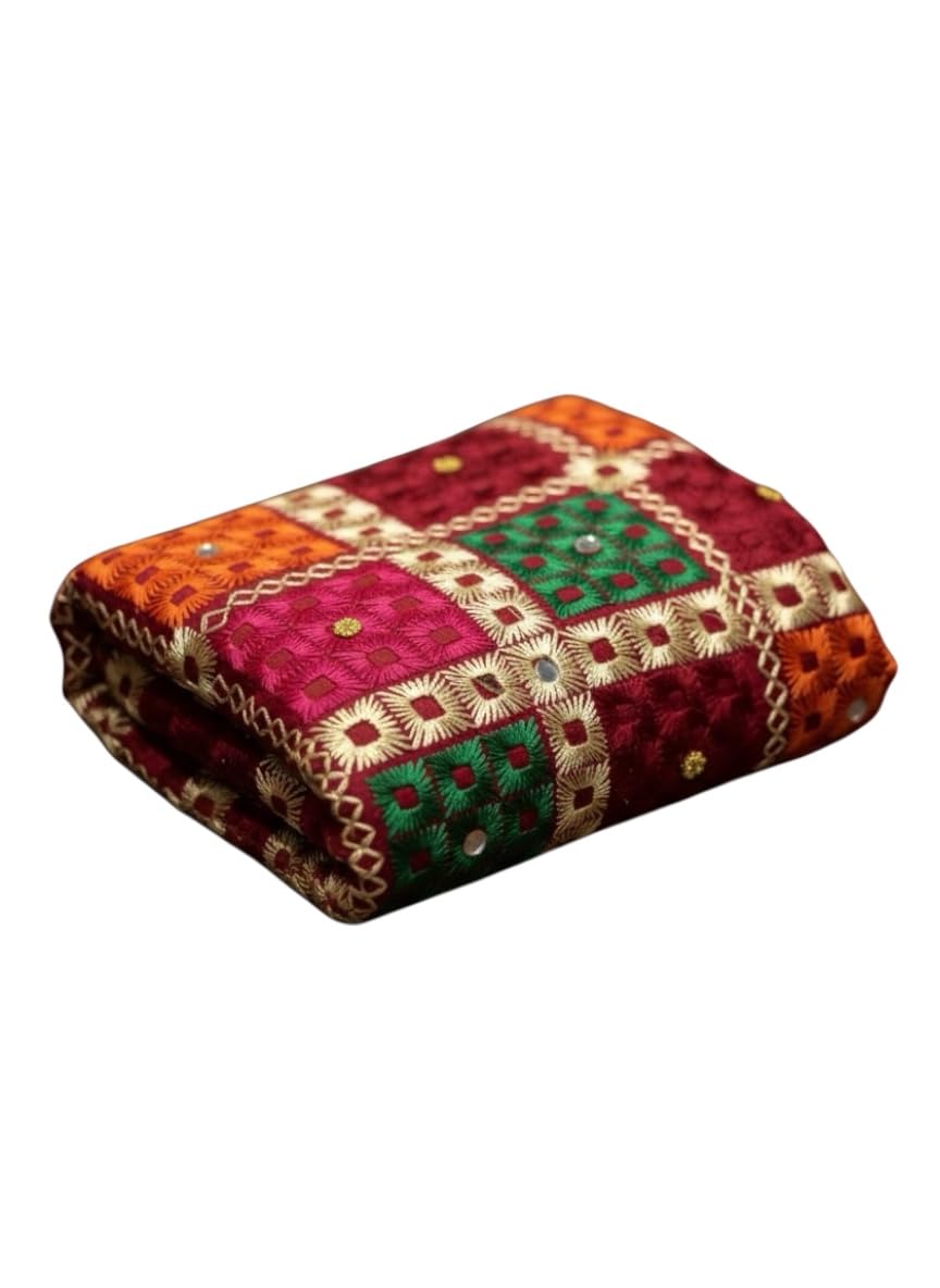 Handcrafted Maroon Phulkari Dupatta with Multicolor Geometric Silk Thread Embroidery and Traditional Mirror Work Accents-image-30