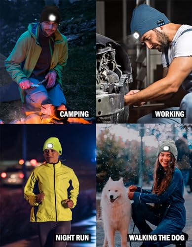 Image of Wmcaps Bluetooth Beanie with a Light, Unisex USB Rechargeable 4 LED Fashlight Hat with Cordless Headphones, Unique Christmas Birthday Gifts for Men Him Husband Teen Khaki