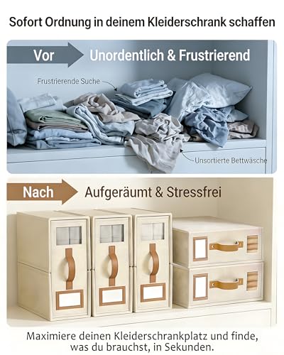 SwartLife 3er Set Bettwäsche Organizer Box - Faltbare Aufbewahrungsbox Bettwäsche mit Sichtfenster & Etikett, Atmungsaktiver Schrank-Organizer für Laken, Decken & Kissenbezüge - Cremeweiß/Sandbeige