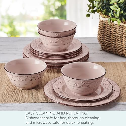 Image of Pfaltzgraff Pink Trellis 12-Piece Dinnerware Set, Stoneware Plates and Bowls Sets for 4, Dishwasher and Microwave Safe, Rustic Garden-Inspired Design