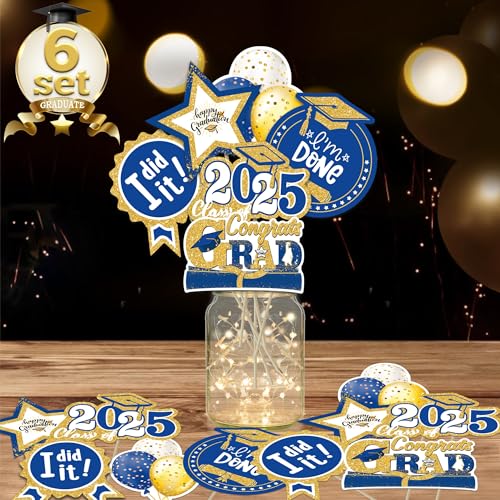 Graduation Decorations Class of 2025, 36 PCS Graduation Centerpieces Sticks with LED String Lights, Double Sided Grad Table Decorations, Grad Party Supplies for College High School, Blue and Gold