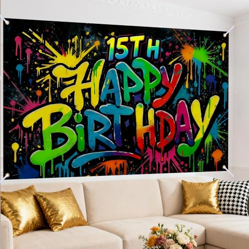 Image of Nuxovilar 15th Birthday Banner Polyester Graffiti Backdrop Decor 71 inchx43 | Happy Birthday Banner Splatter Sign, Street Hanger, party photo background, wall hanging decor, yard lawn porch