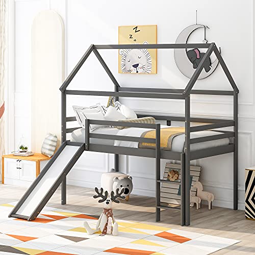 Merax House Shaped Loft Bed Frame No Box Spring Needed with Ladder and Slide for Kids, Boys or Girls Platform, Twin, Gray