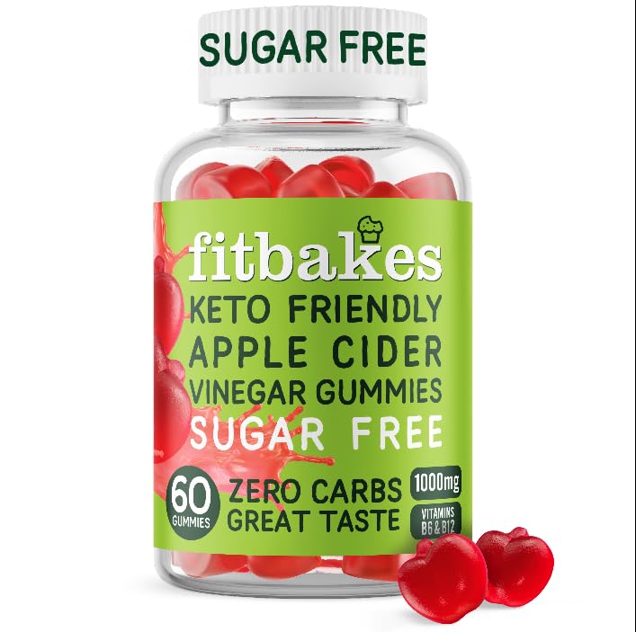 Fit bakes Sugar Free Keto Apple Cider Vinegar Gummies with Mother 1000mg, 0 Carbs, 3 Calories Per Gummy, 60 ACV Keto Gummies, Apple Cider Vinegar with Mother, Vitamin B12 & Folic Acid, Fitbakes