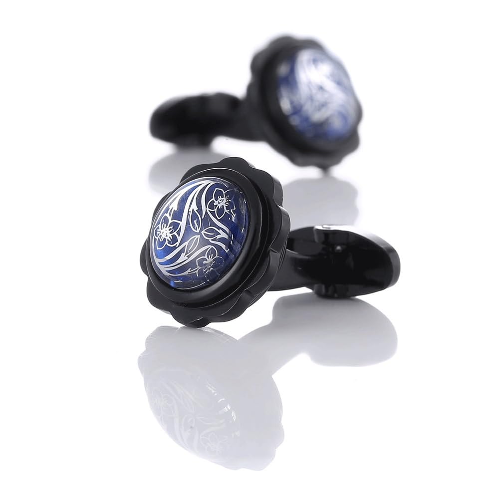 Gemelli Neri Floreali per Camicia Francese con Bottone con Motivo, Bottone Formale per Polsino (Diametro 18 * 18 mm)