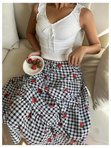 Women's Gingham Cherry Graphic Midi Skirts Drawstring Waist Ruffle A Line Flowy Skirt3