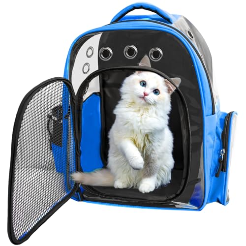 Image of Buraq Breathable Design Pet Carrier Backpack for Hot Weather Travel, Hiking, Ventilated, Touring, Airline-Approved, Sturdy Base cat Bag for Cats Kitten Puppy Rabbit Bird (Royal Blue)
