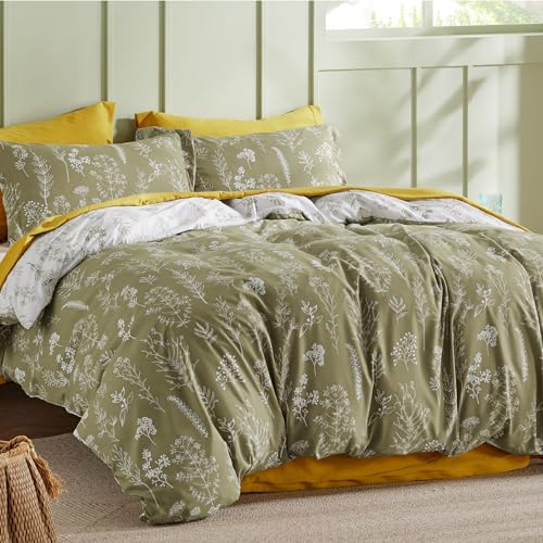 Image of Bedsure Duvet Cover Queen Size - Reversible Olive Green Queen Duvet Cover Set with Zipper Closure, 3 Pieces Floral Patterned Bedding Set with 8 Corner Ties and 2 Pillow Shams