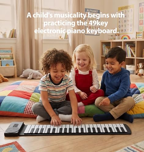 Image of MARVTOWN 49Key Roll Up Digital Piano Keyboard,Portable Foldable Electronic Piano with speaker,earphones,8 Tones,6 Demo Songs,Rechargeable Flexible musical keyboard for Beginners&Kids(Black&White)