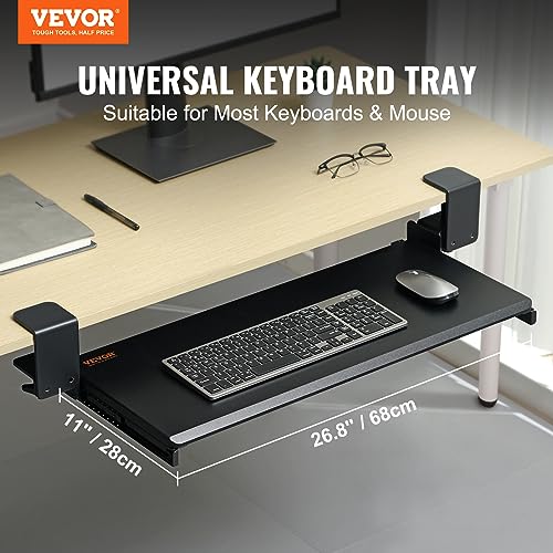 VEVOR Plateau pour clavier sous le bureau, tiroir pour clavier/souris coulissant sous le bureau avec montage robuste sans perçage, grand tiroir coulissant de 26.8 x 11 po pour taper à la maison, au travail
