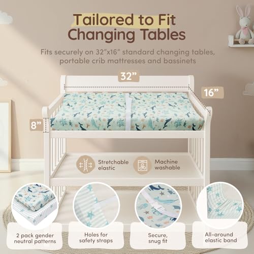 Image of Baby Changing Pad Covers Girl 32 inchx16 inch, 8 inchDeep Pocket - Diaper Changing Pad Cover Nautical, 100% Cotton Ocean Whale Diaper Change Table Sheet for Girl & Boy, 2 Pack, Designed in France, Teal-White
