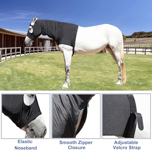 Image of Horse Slinky Hood with Zipper, Stretch Spandex Sleazy Hood for Mane Protection, Breathable Horse Neck Cover for Show Prep, Braids Saver, Sleek Grooming Under Blanket Use Black Medium