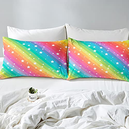 Loussiesd Kinder M?dchen Spannbettlaken 140x200cm Regenbogen Sterne Drucken Kleinkind Frauen Bunt Streifen Bettlaken Set Farbstreifen Dekorativ Spannbetttuch Atmungsaktiv Mikrofaser - Image 6