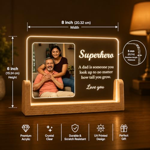Image of Giftplease Personalized Acrylic LED Photo Frame for Dad | Customized Night LIght with Photo & Message | Warm light Wooden Base Table Lamp | Birthday, Father's Day for Father
